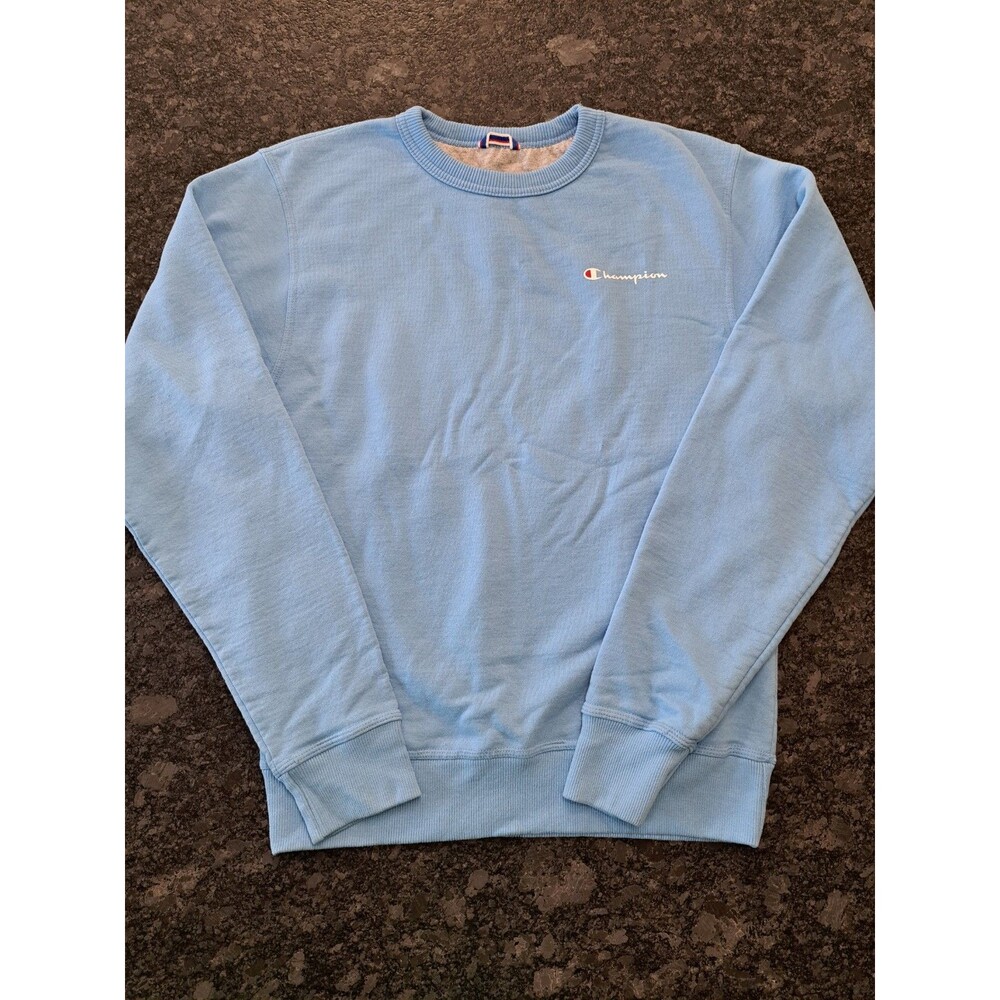 Champion Size S Crewneck Sweatshirt Light Blue Long Sleeve Pullover Logo Accent